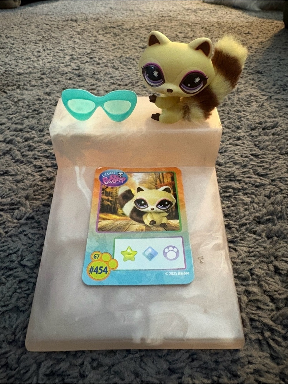Littlest Pet Shop Yellow & Brown Flocked Raccoon with Teal Glasses